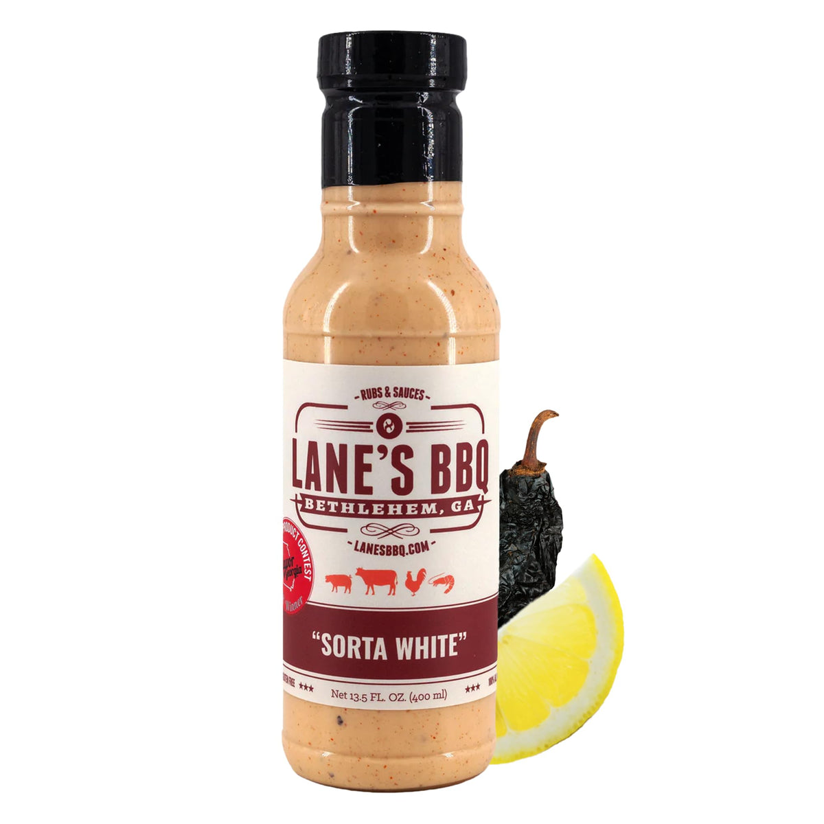 Lane's Sorta White BBQ Sauce bottle pour showing creamy tang for grilling
