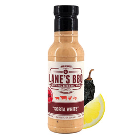 Lane's Sorta White BBQ Sauce bottle pour showing creamy tang for grilling