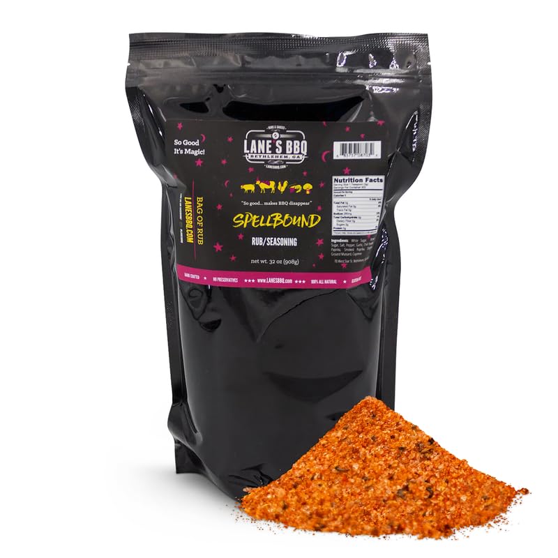Lane's Spellbound pork rub bottle on table, great for smoky barbecue.