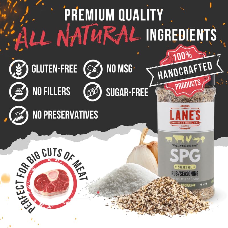 Lane's SPG label front communicates all-natural, gluten-free seasoning.