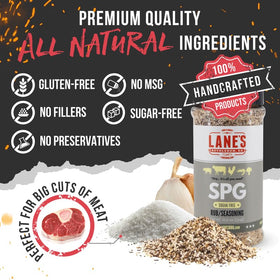 Lane's SPG label front communicates all-natural, gluten-free seasoning.