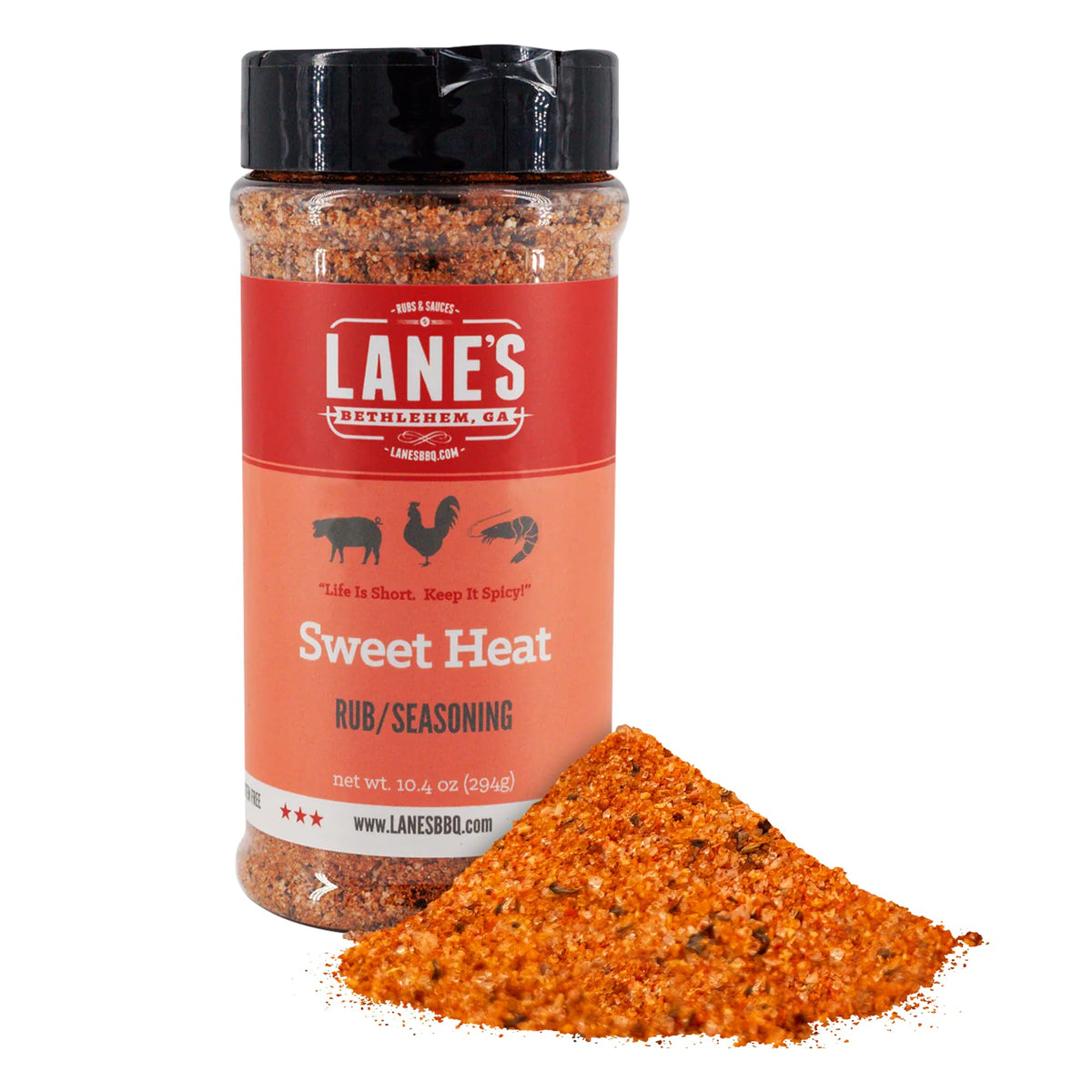 Lane's Sweet Heat rub jar front shows bold grilling flavor.