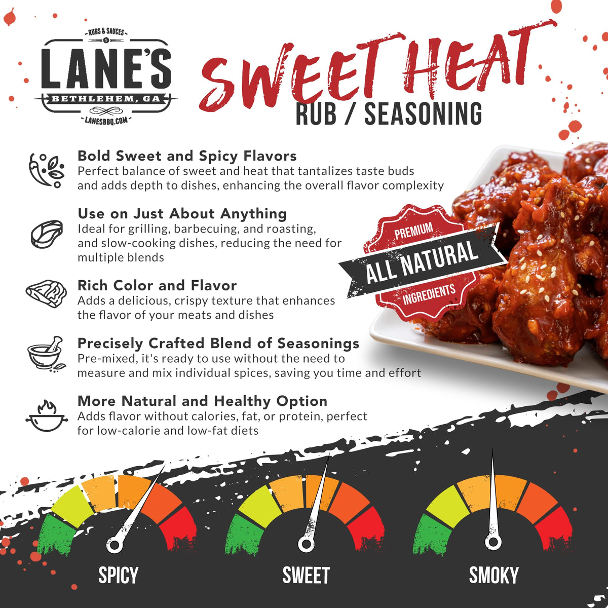 Lane's Sweet Heat label close-up highlights clean MSG-free ingredients.