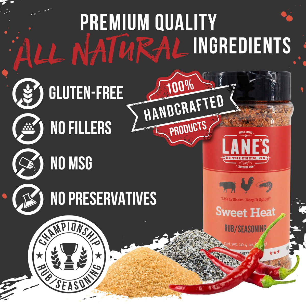Lane's Sweet Heat rub pour spout enables quick, even seasoning during cooking.