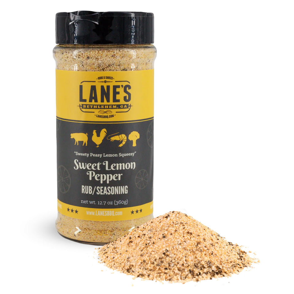 Lane's Sweet Lemon Pepper bottle highlighting citrus kick for pork, chicken, and seafood