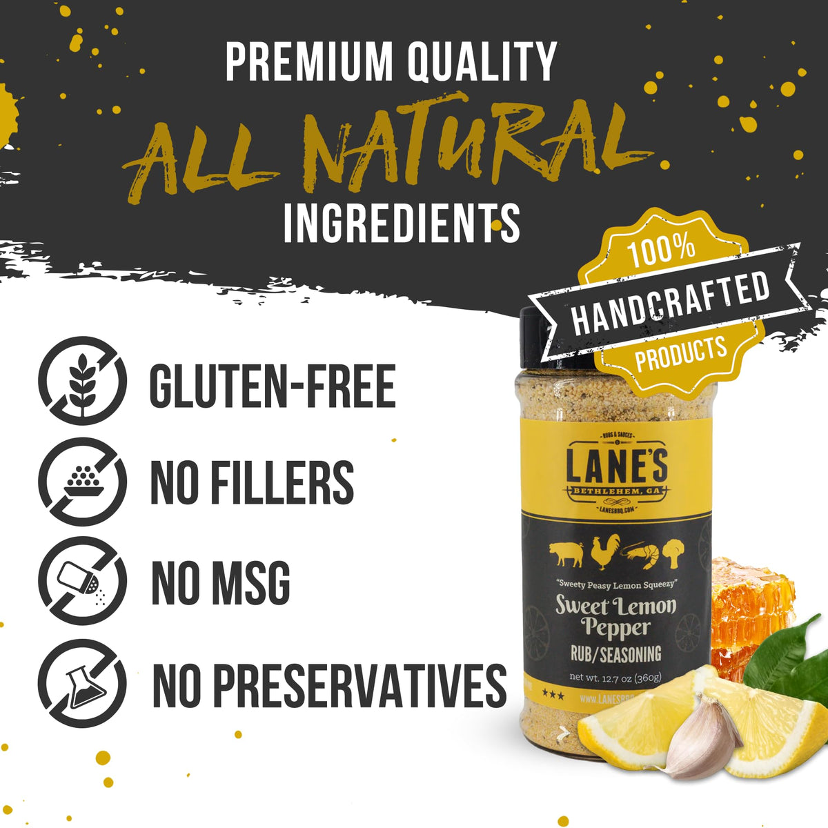 Lane's Sweet Lemon Pepper dust image highlights vibrant citrus flavor on vegetables