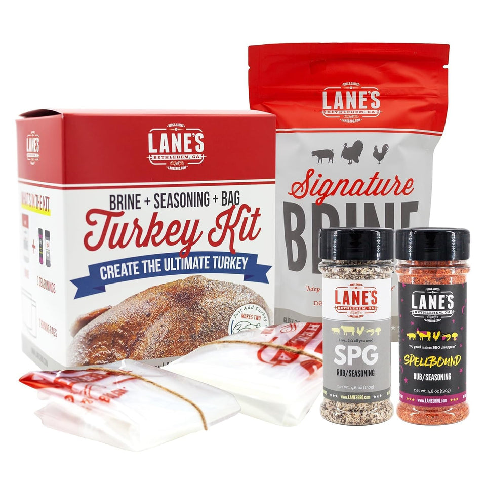 Lane's Ultimate Turkey Brine Kit bottle showing rich flavor infusion for juicy turkey