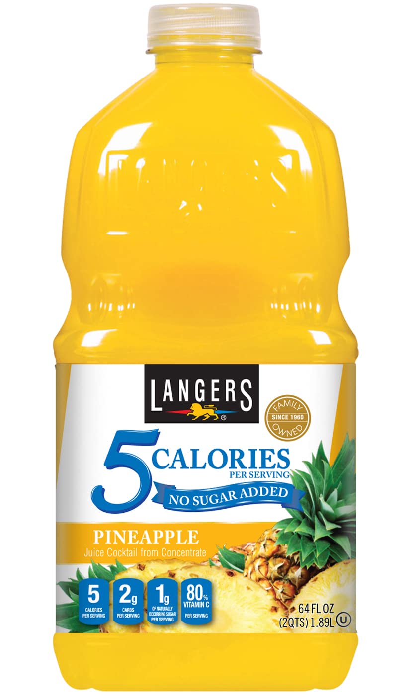 Langers 5 Cal Pineapple Juice Cocktail bottle pouring, a low-calorie pineapple refreshment option.