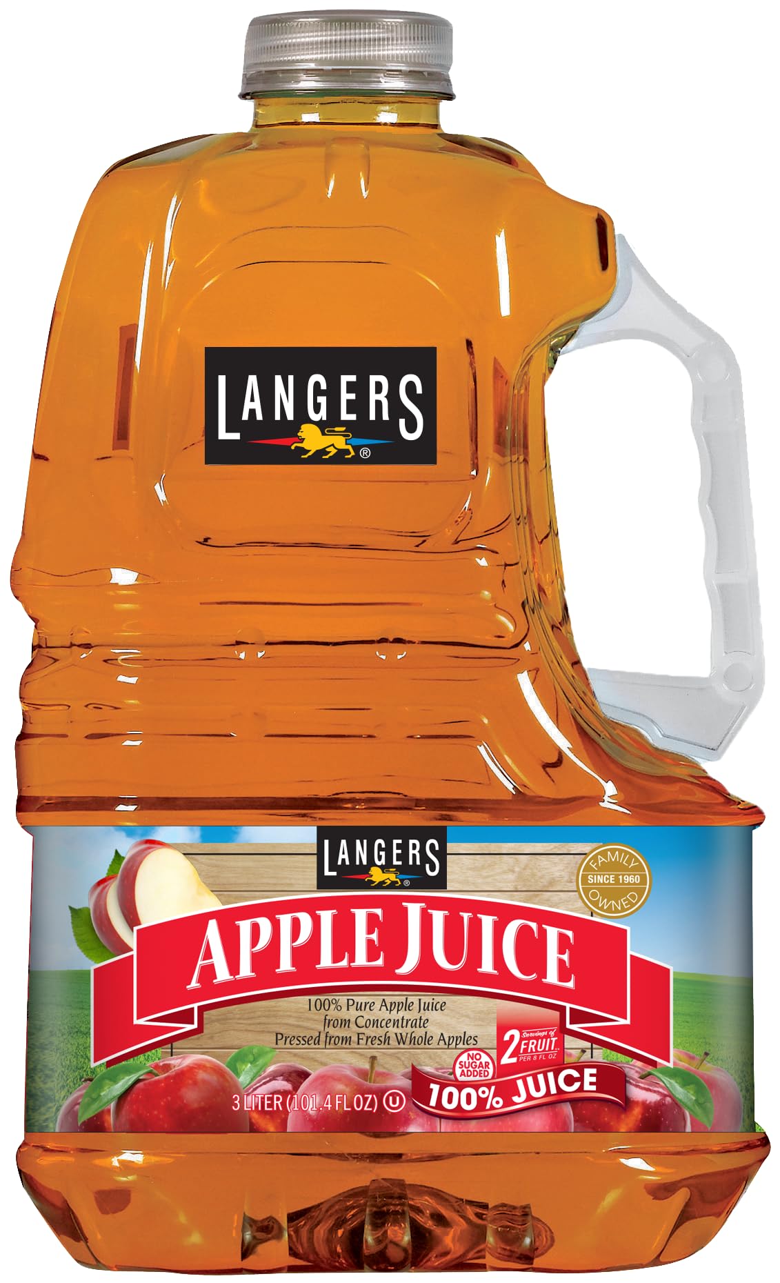 Langers Apple Juice bottle pour, 100% juice with no added sugar.