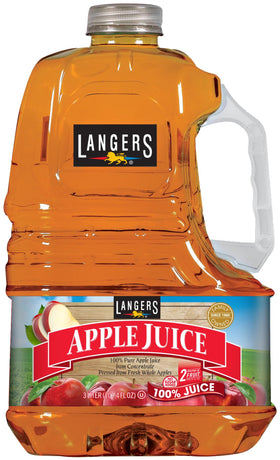 Langers Apple Juice bottle pour, 100% juice with no added sugar.