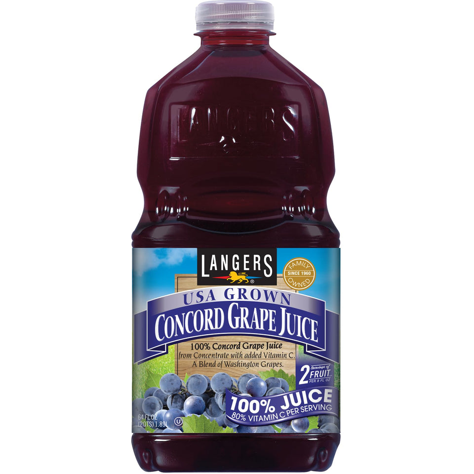 Langers Concord grape juice bottle shows 100% juice from concentrate with no added sugar, great for everyday refreshment.