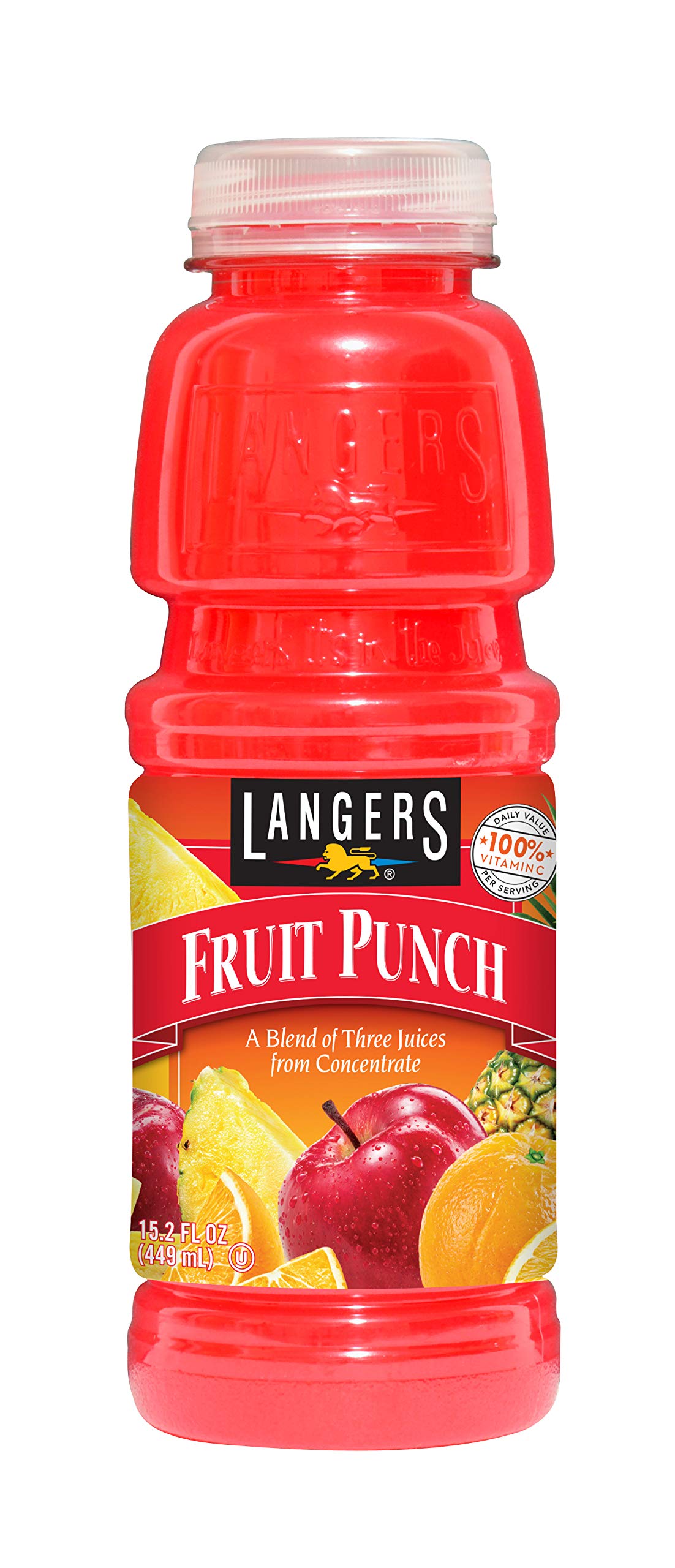 Langers Fruit Punch 15.2oz bottle; vibrant color, vitamin C and gluten-free appeal.