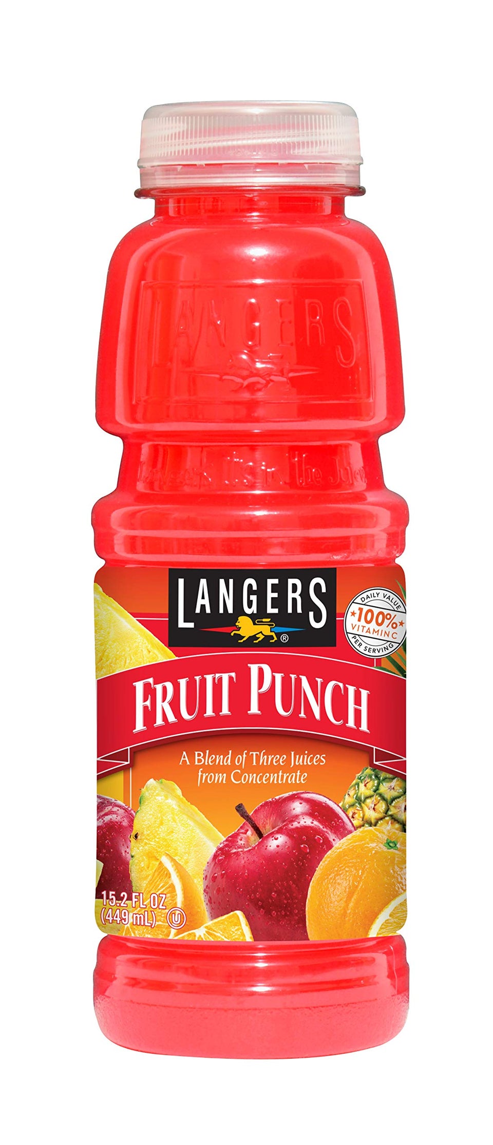 Langers Fruit Punch 15.2oz bottle; vibrant color, vitamin C and gluten-free appeal.