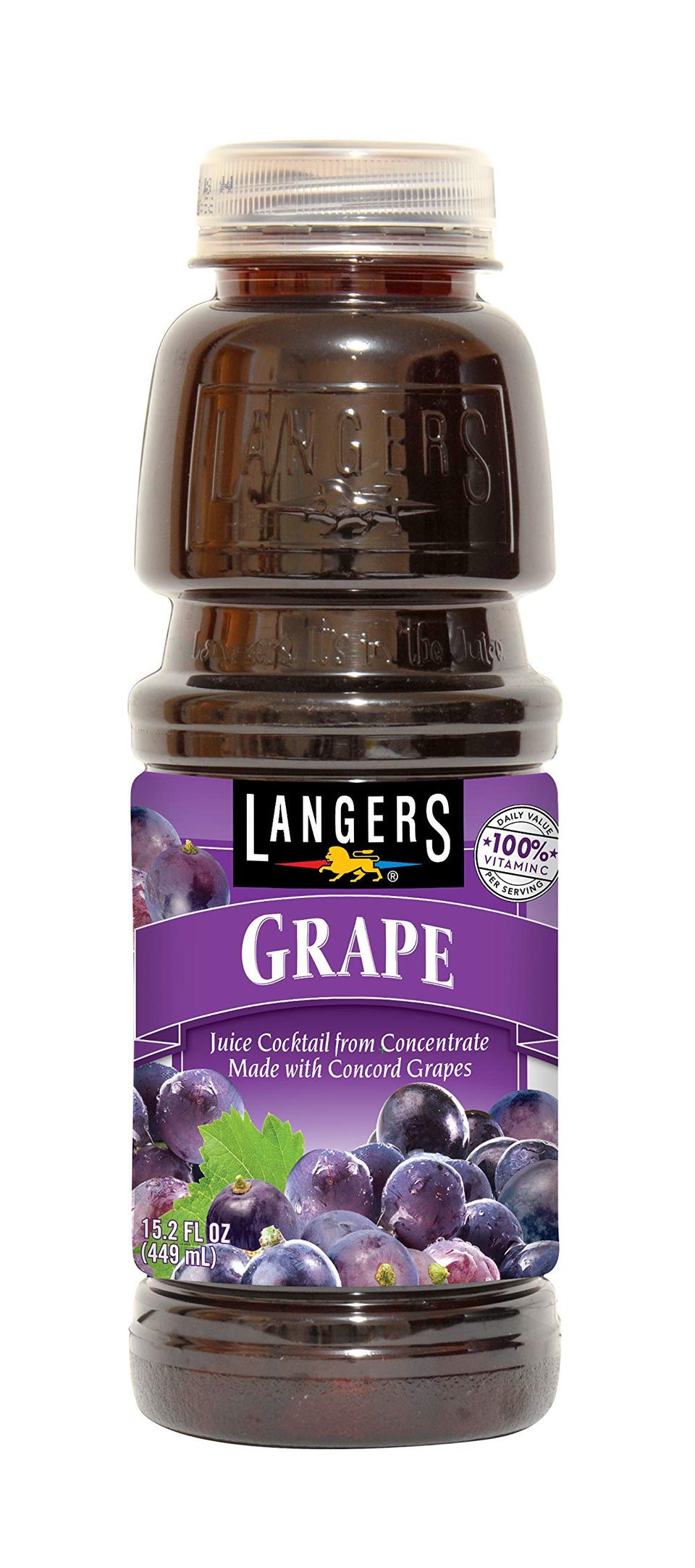Langers Grape Juice Cocktail bottle pour, a vitamin C rich, no-HFCS refreshment.