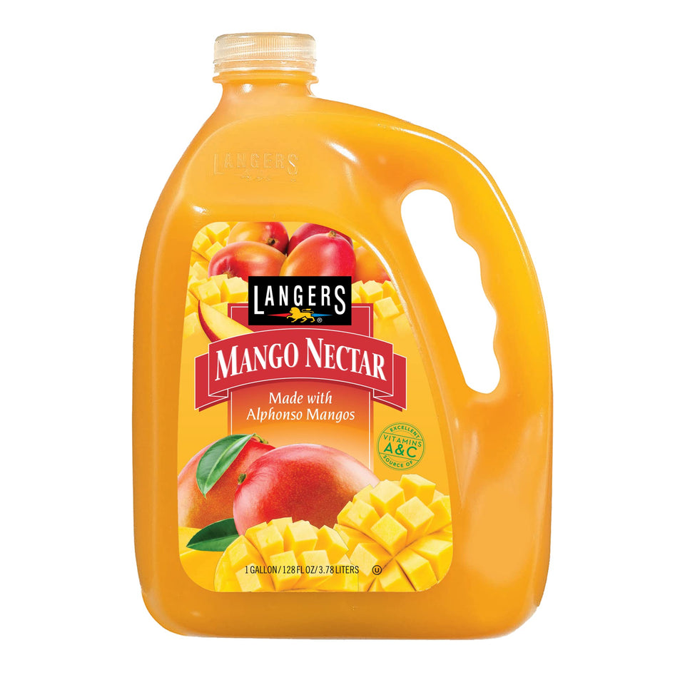 Langers Mango Nectar bottle with Alphonso mango flavor, rich in vitamins A and C.