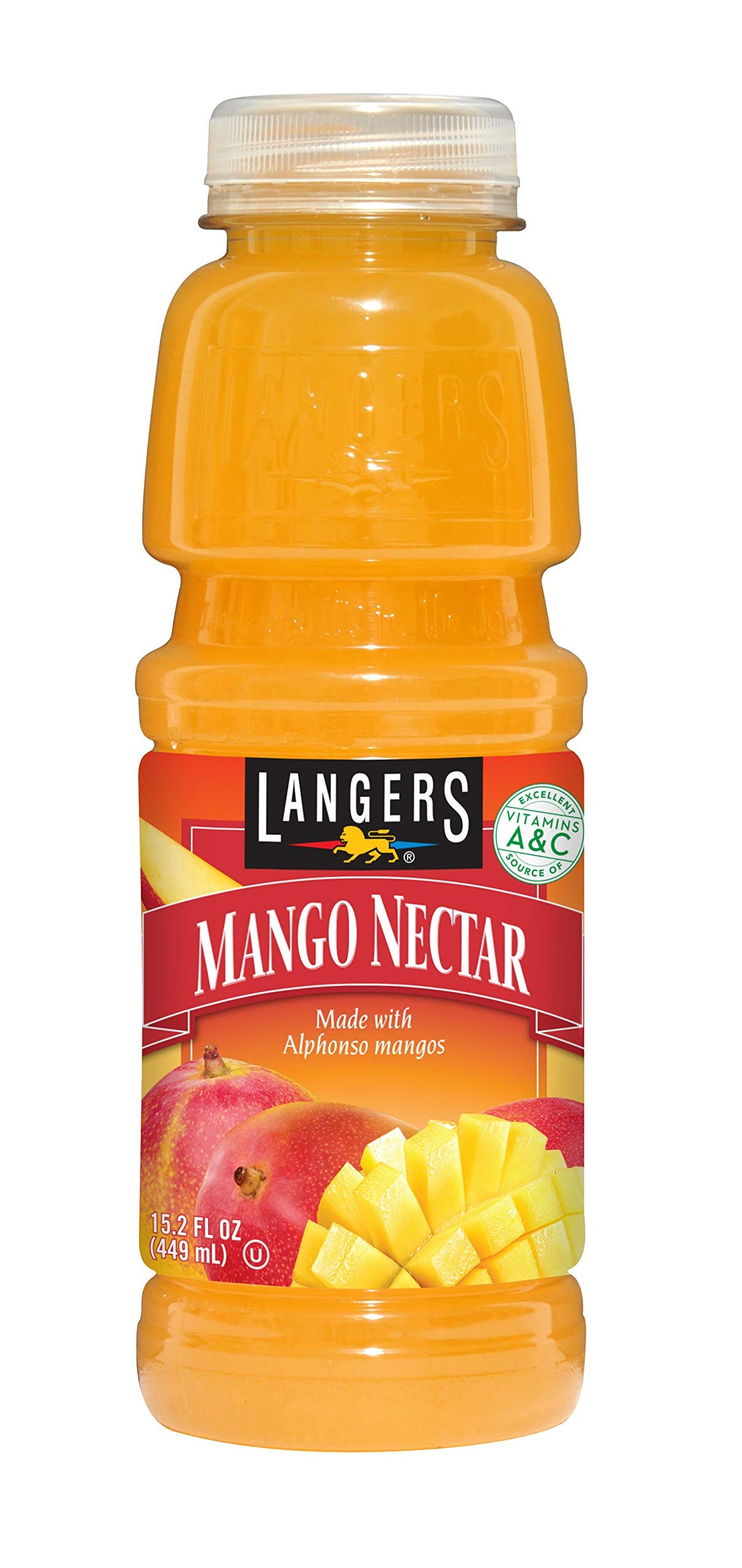 Langers Mango Nectar bottle on a clean surface, Alphonso mango flavor; gluten-free and non-GMO.