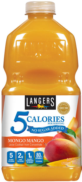 Langers Mongo Mango bottle highlighting mango flavor and low calories.