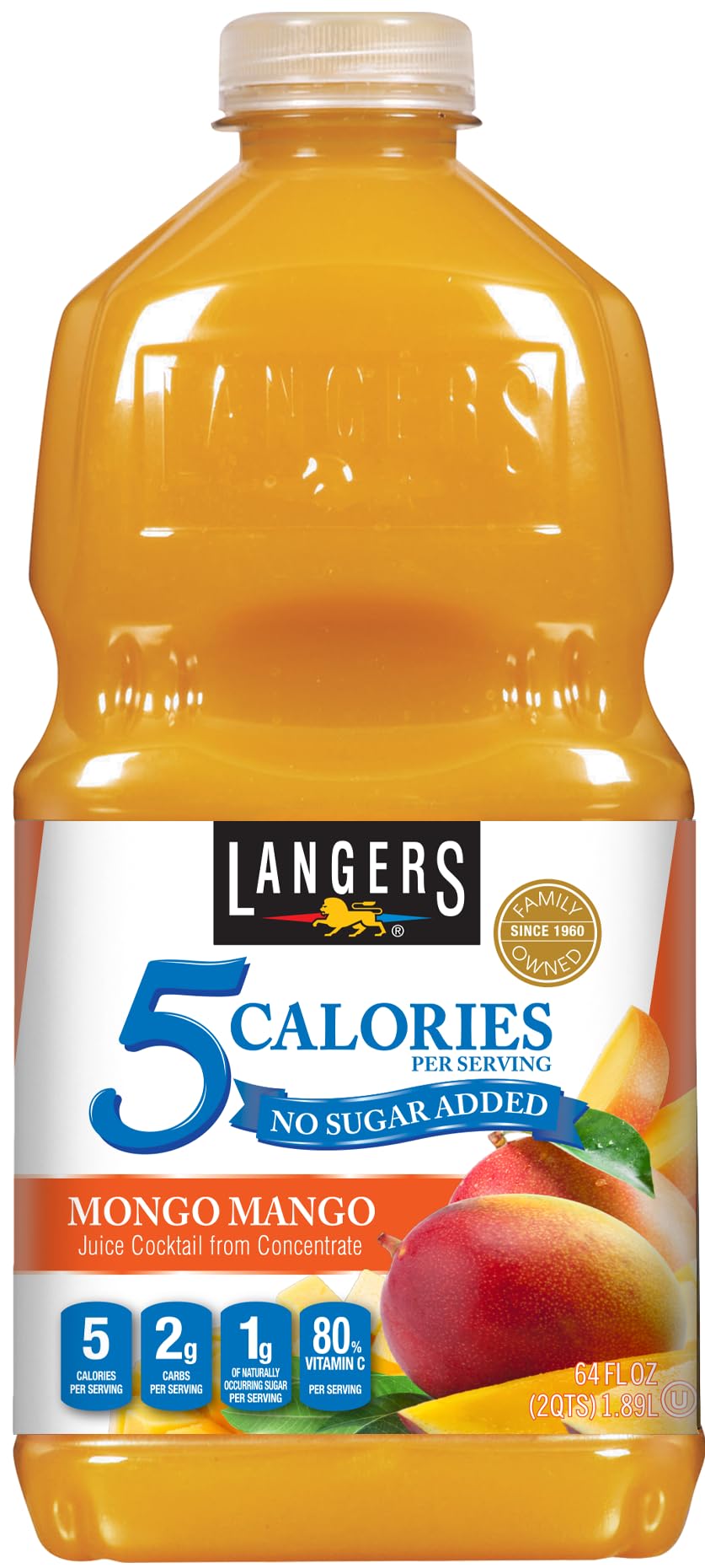 Langers Mongo Mango bottle highlighting mango flavor and low calories.