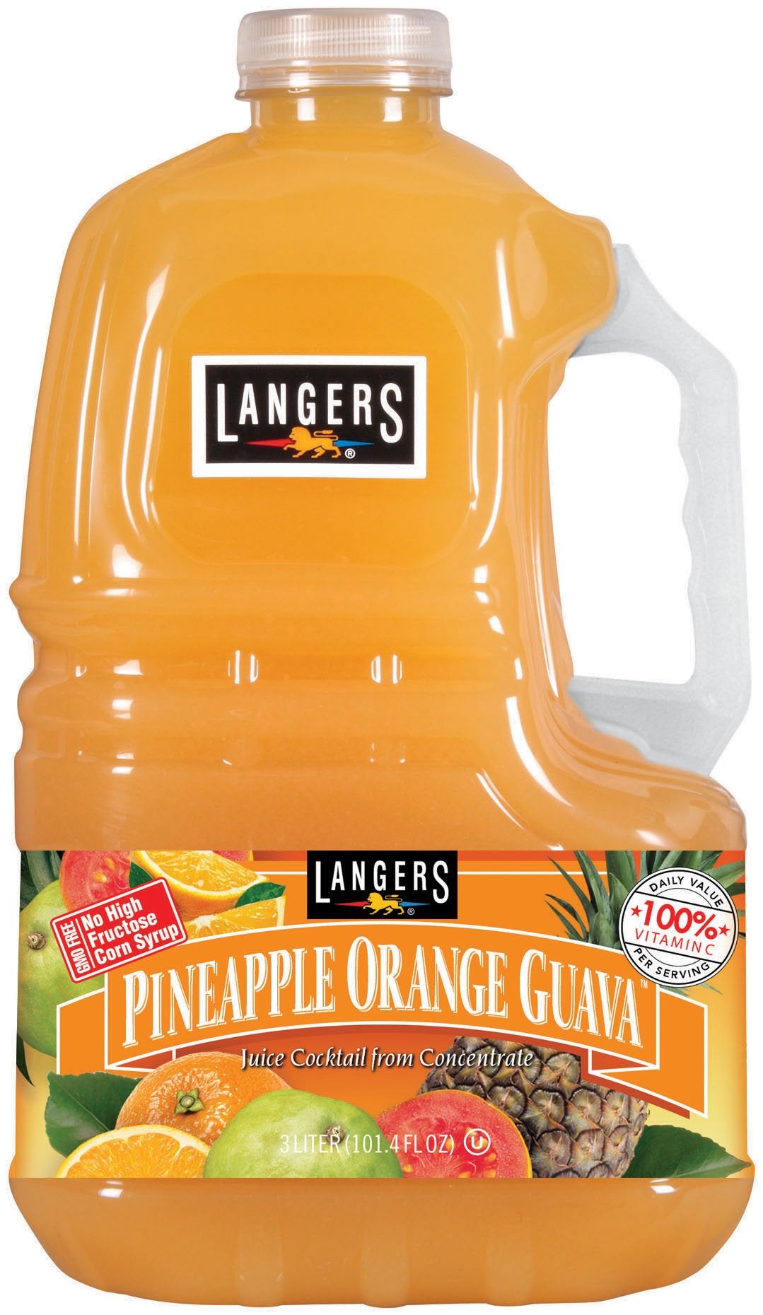 Langers Pineapple Orange Guava juice cocktail bottle pouring, flavor with vitamin C and no high fructose corn syrup.