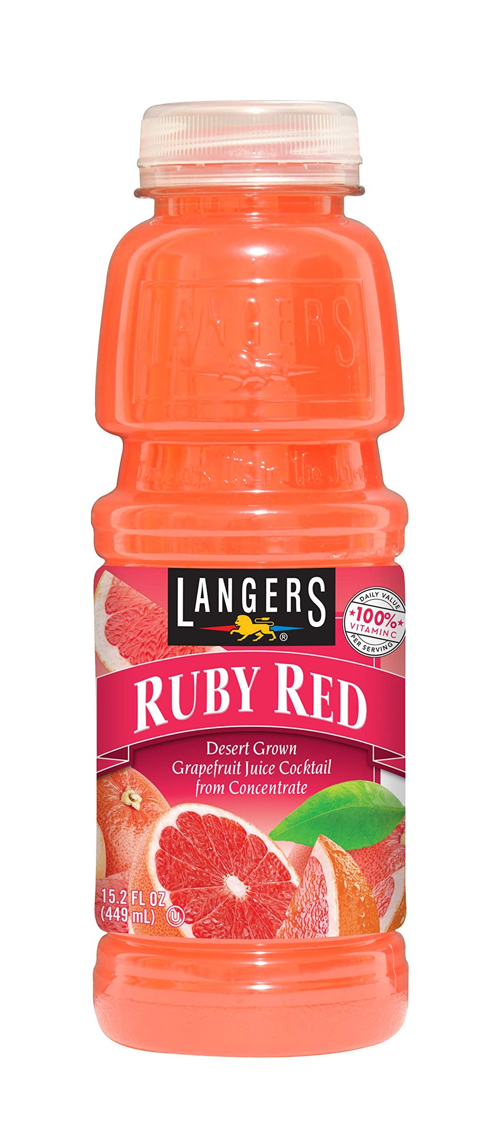 Langers Ruby Red Grapefruit Juice Cocktail bottle shows bright flavor and 15.2 oz serving for gatherings