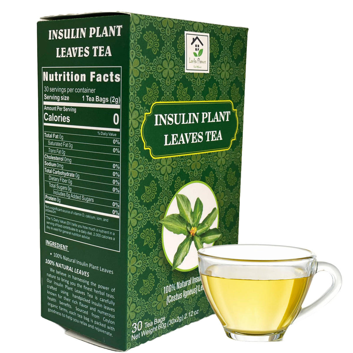 Lanka Flavors Costus Igneus tea bag steeping in a cup for a comforting brew.