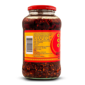 Lao Gan Ma family-size jar in a kitchen, ideal for family meals.
