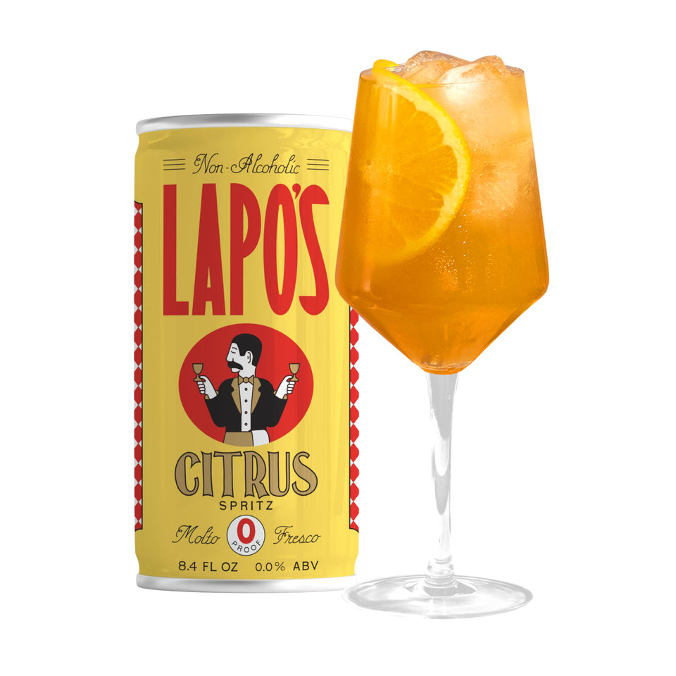 Lapo's Citrus Spritz can front view, a refreshing zero-proof option for gatherings.