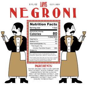 Lapo's Negroni ingredients tag signals vegan and gluten-free preparation choices.
