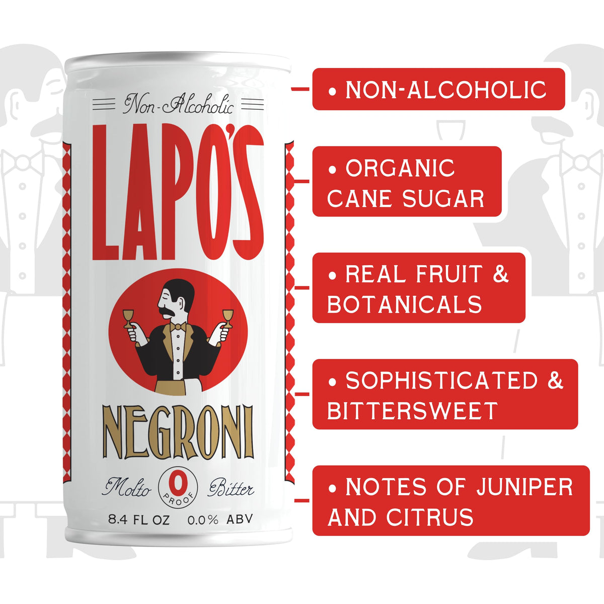 Lapo's Negroni served over ice with orange garnish offers refreshing zero-proof enjoyment.