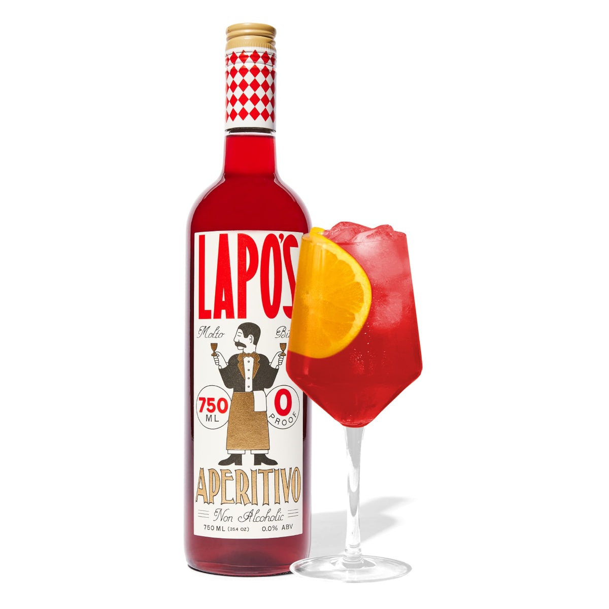 Lapo's Non-Alcoholic Aperitivo bottle on a bar, bittersweet citrus-forward profile.