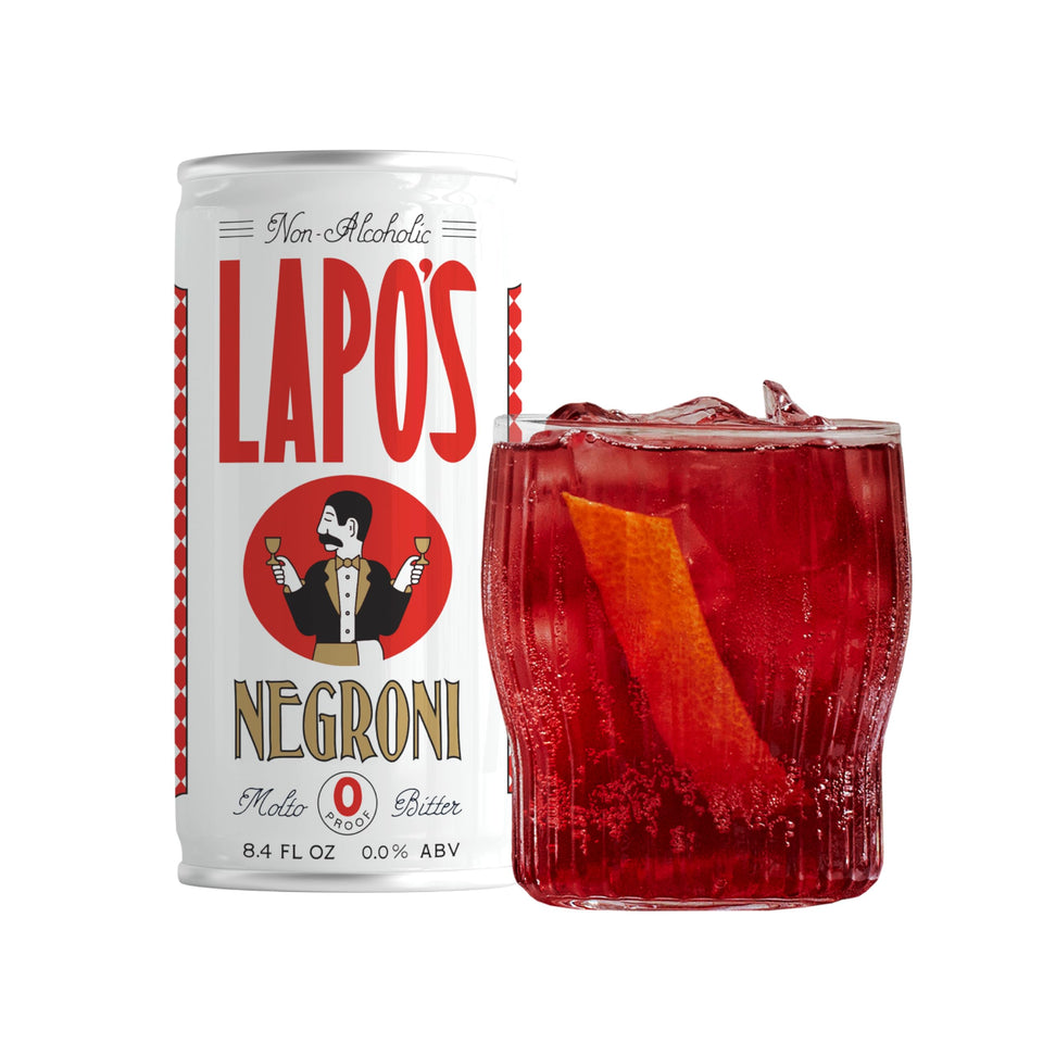Lapo's non-alcoholic Negroni can, crisp bittersweet flavor for mindful sipping.