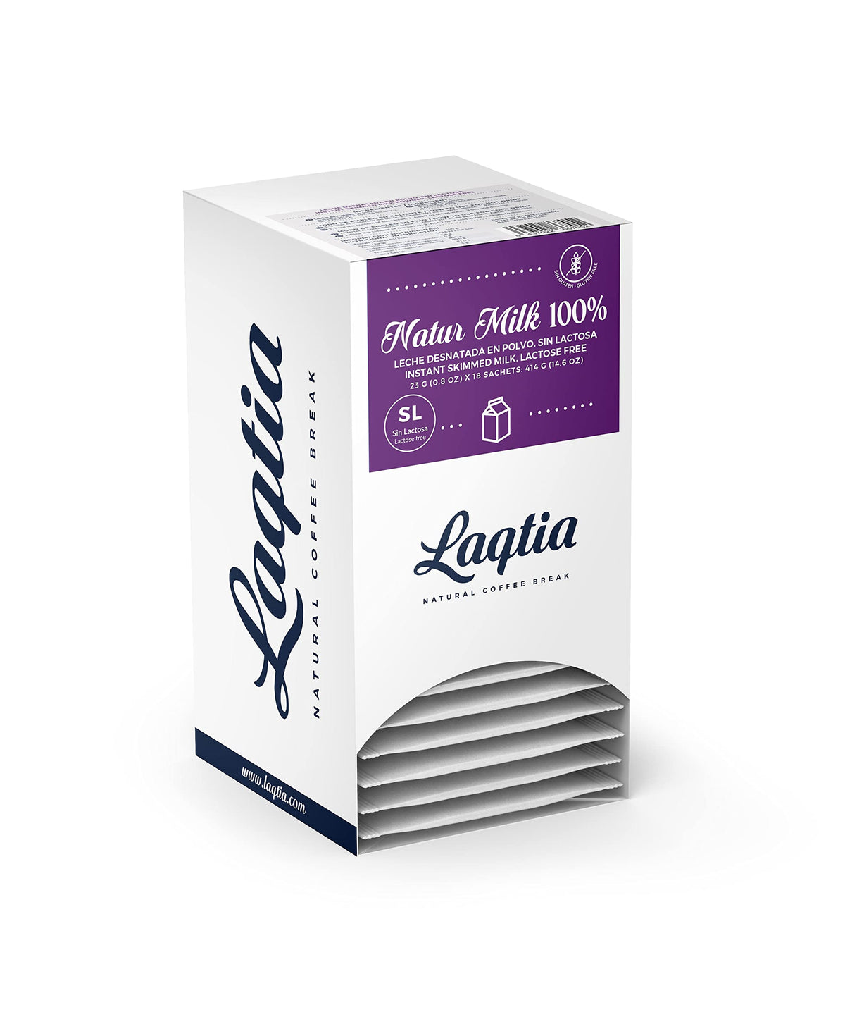 Laqtia lactose-free skim milk packets box for on-the-go, convenient instant milk.