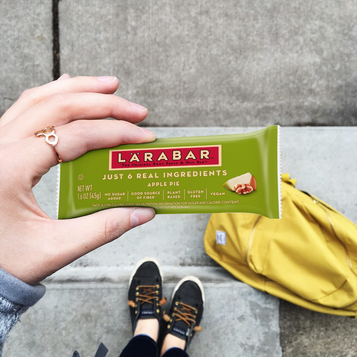 LÄRABAR Apple Pie ingredients layout shows dates, nuts, and cinnamon for a wholesome snack.