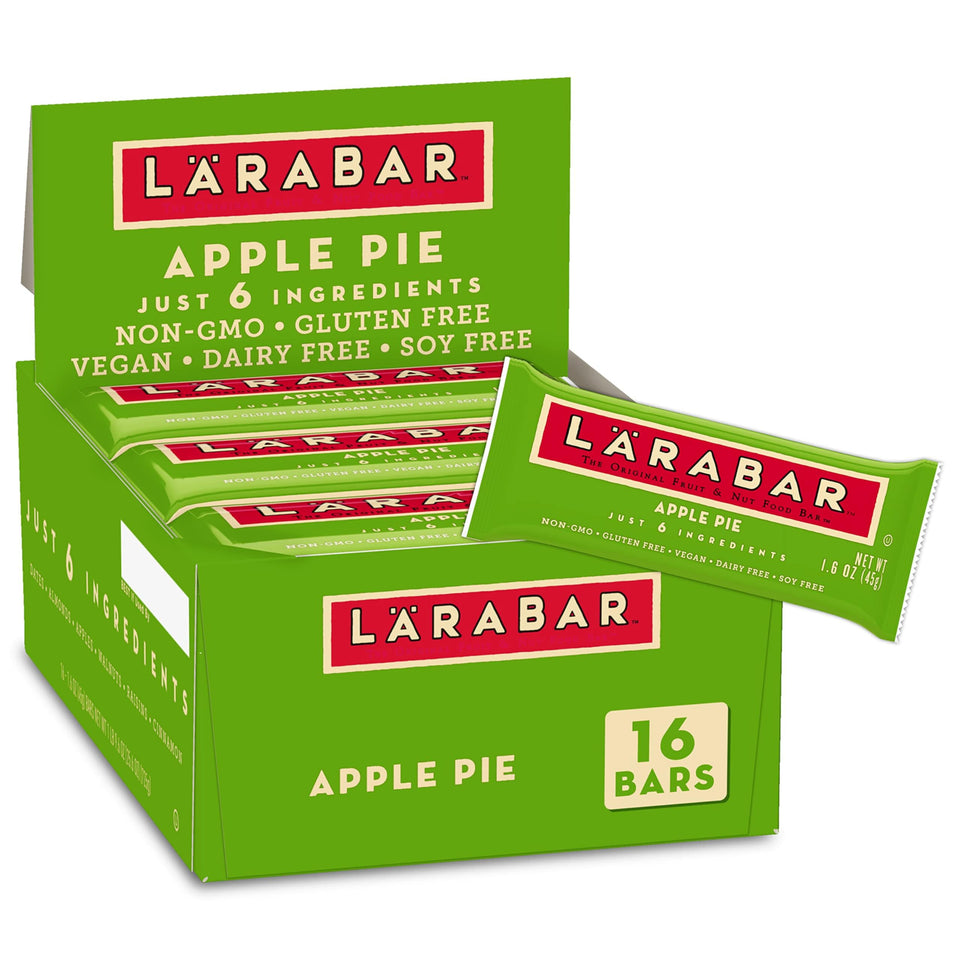 LÄRABAR Apple Pie packaging highlights a gluten-free, vegan snack option.