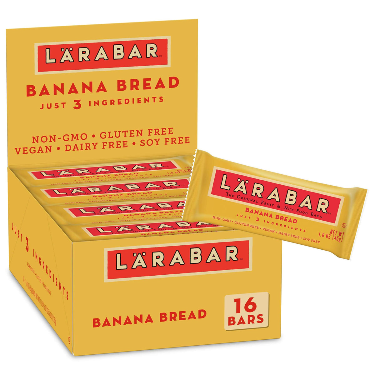 LÄRABAR Banana Bread bar packaging highlights simple ingredients for on-the-go snacking.