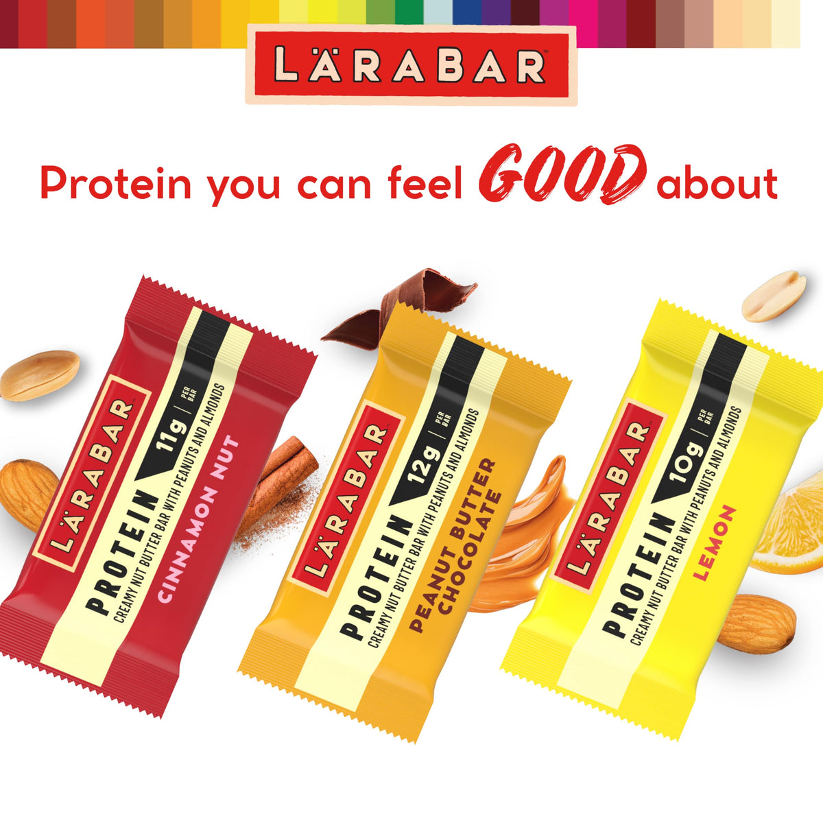 LÄRABAR bar cross-section reveals creamy nut butter with peanuts.