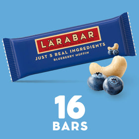 LÄRABAR Blueberry Muffin bar close-up highlighting chewy texture for on-the-go snacking.