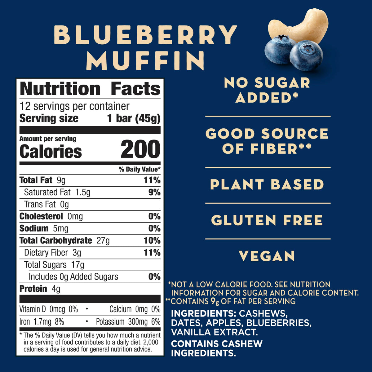 Close-up of ingredients: cashews, dates, apples, blueberries, vanilla in Larabar for real flavor.
