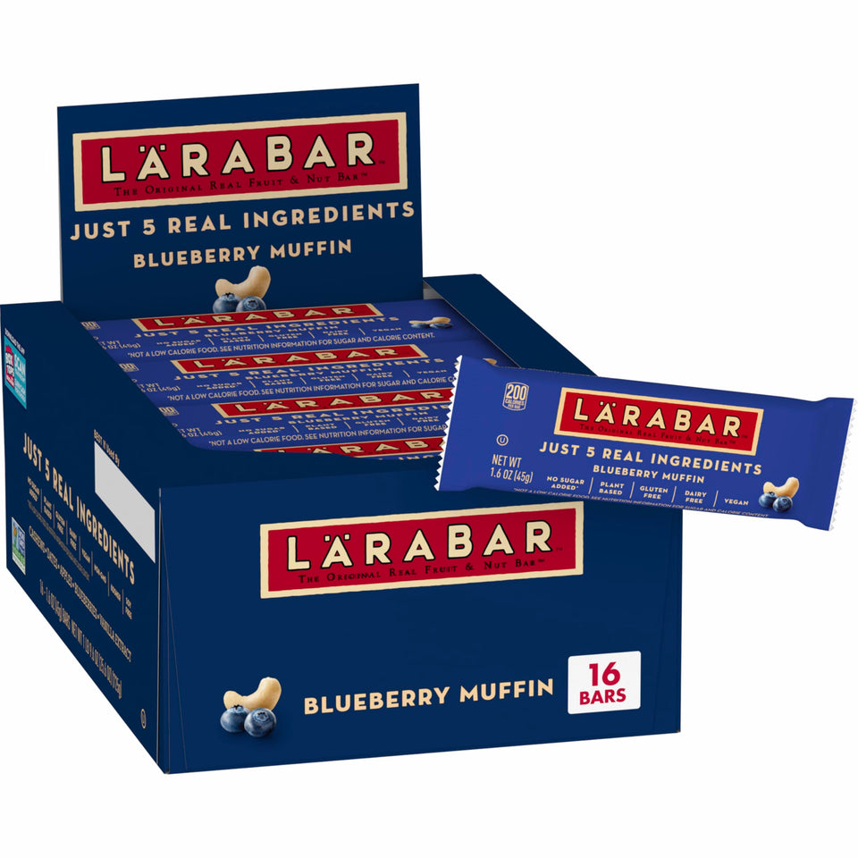 LÄRABAR Blueberry Muffin bar showing five simple ingredients for a real-food snack.