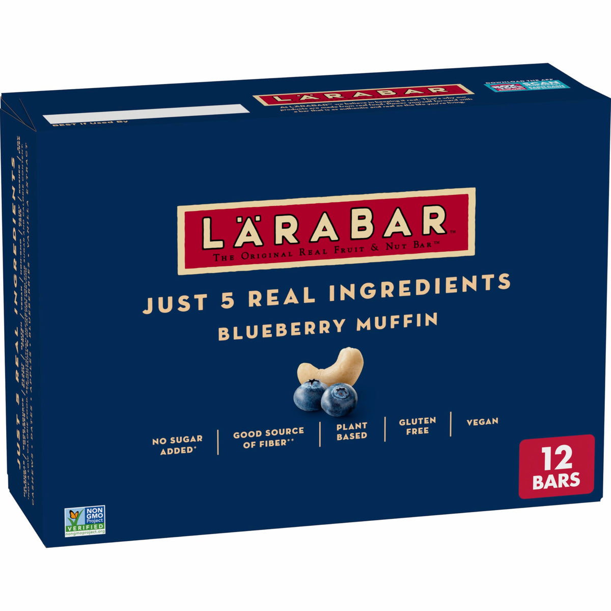 Larabar Blueberry Muffin packaging shows gluten-free vegan ingredients.
