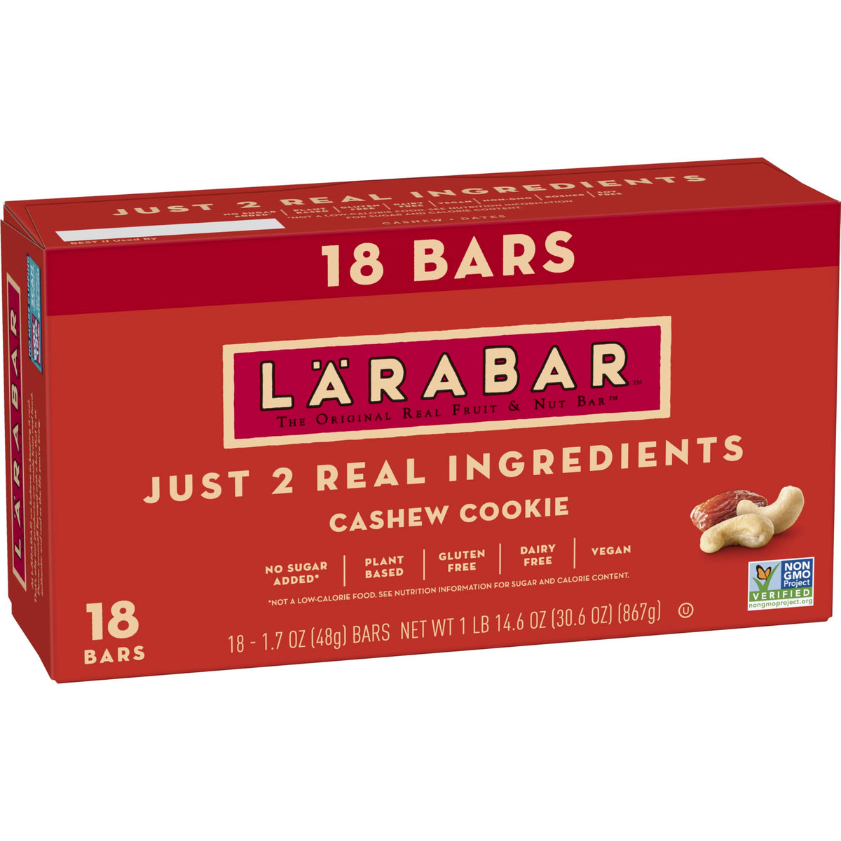 LÄRABAR Cashew Cookie bar shows simple ingredients for a quick snack