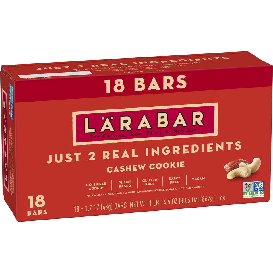 LÄRABAR Cashew Cookie bar shows simple ingredients for a quick snack