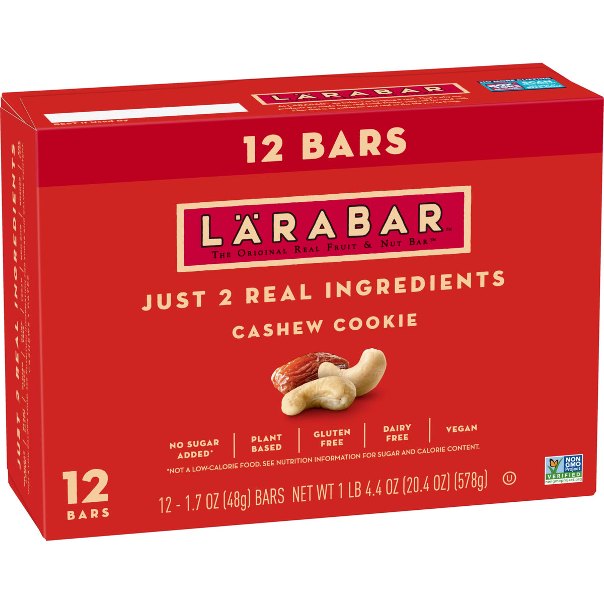 LÄRABAR Cashew Cookie packaging shows gluten free vegan snack option.