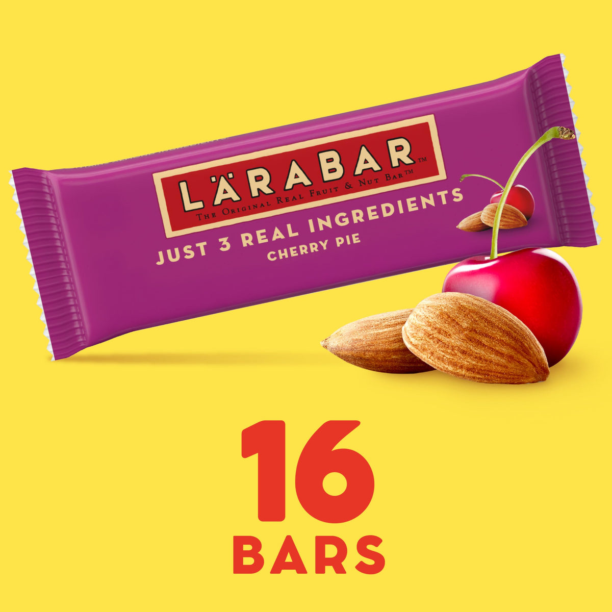 LÄRABAR Cherry Pie bar ingredients list reveals dates, almonds, and cherries.