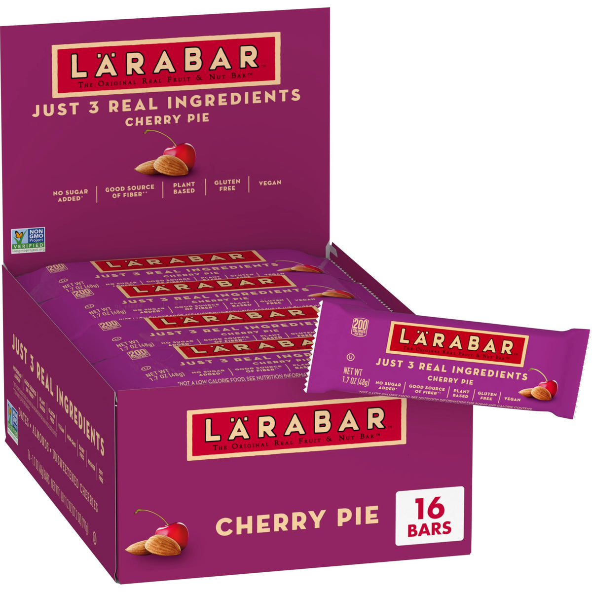 LÄRABAR Cherry Pie bar package highlights simple ingredients for on-the-go snacking.