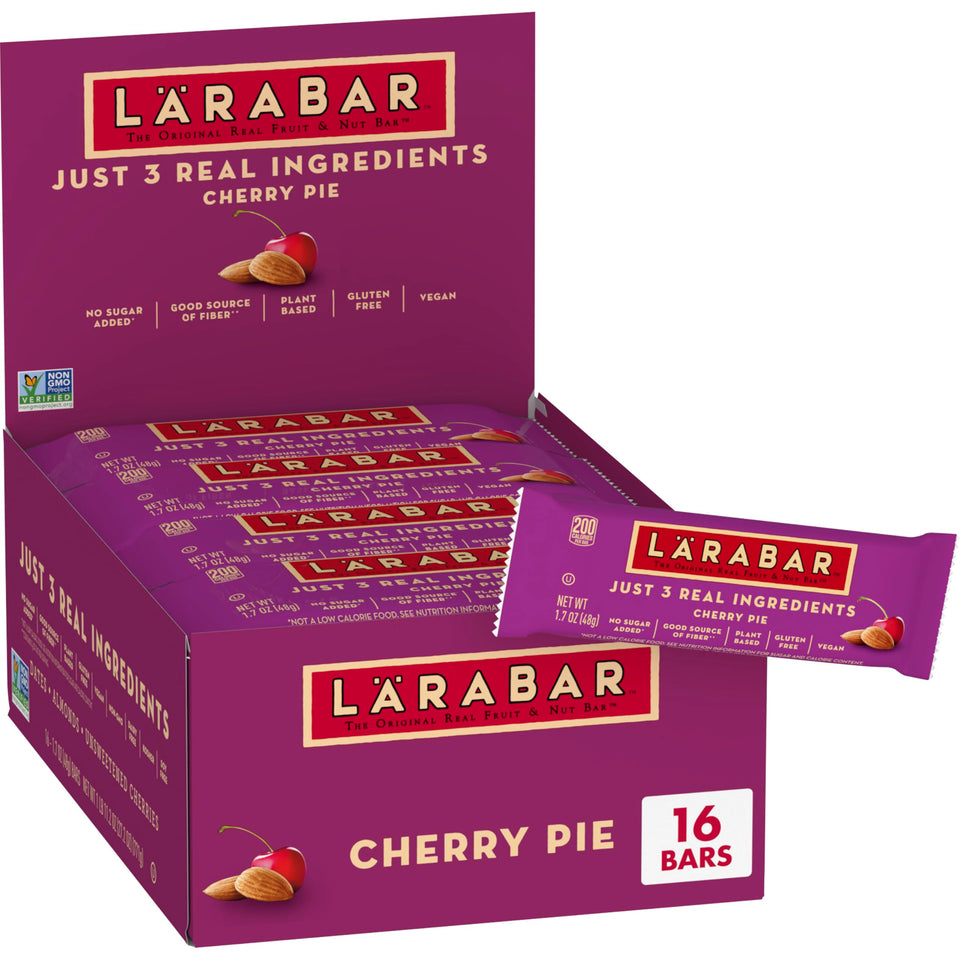LÄRABAR Cherry Pie bar package highlights simple ingredients for on-the-go snacking.