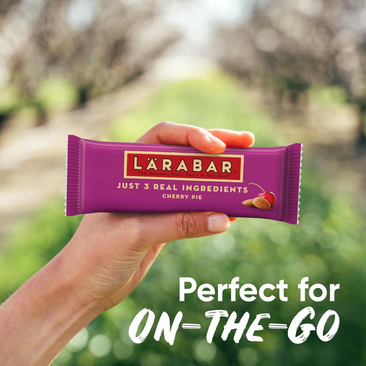 LÄRABAR Cherry Pie bar beside a gym bag for quick energy
