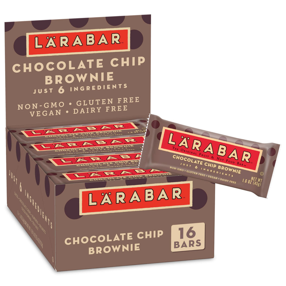 LÄRABAR Chocolate Chip Brownie box front shows real ingredients for a wholesome snack