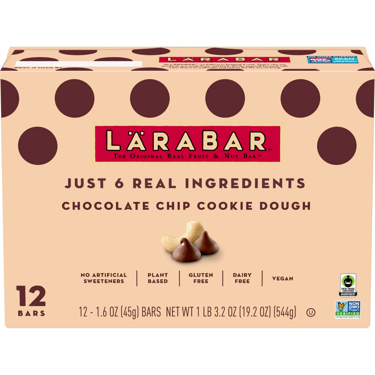 LÄRABAR Chocolate Chip Cookie Dough bar shows plant-based ingredients and chocolate chips