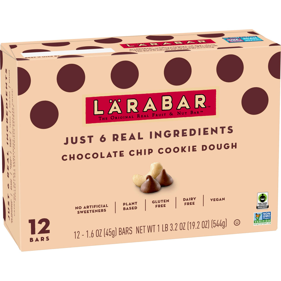 LÄRABAR Chocolate Chip Cookie Dough packaging highlights gluten-free vegan snack
